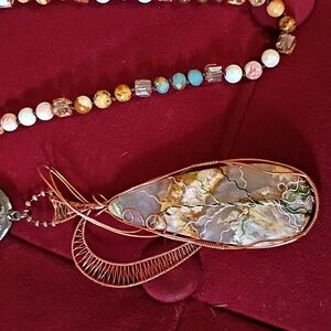 Handcrafted Plume Agate & Copper Wire Wrapped Mixed Metal W/ Stones & Glass Bead